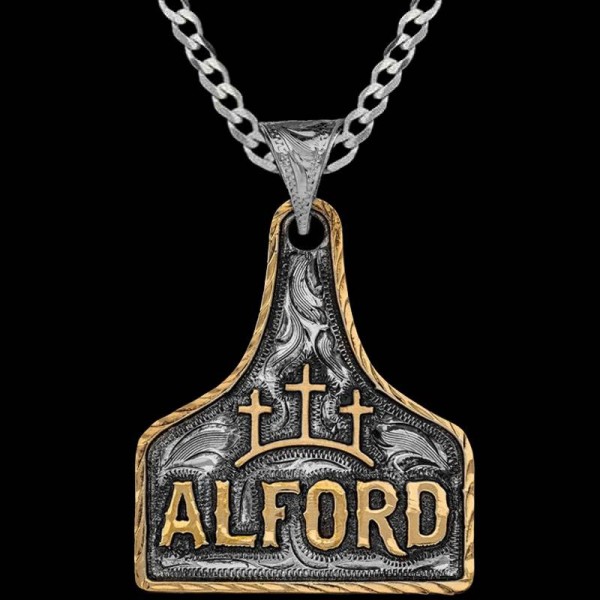 Introducing the Angel Cow Tag Necklace, a divine pendant with hand engraved and antiqued silver base, adorned with Jeweler's Bronze lettering and your custom ranch brand. Order now!